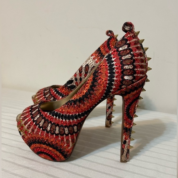 Wild Pair Retro Orange Multicolor Spike Peep Toe High Heels Stilettos Size 6M - Picture 1 of 14
